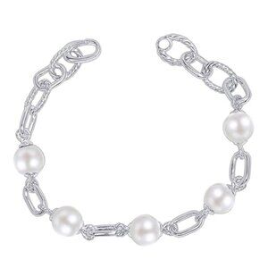 Sterling Silver Rounded Paperclip Chain and Simulated Pearl Bracelet